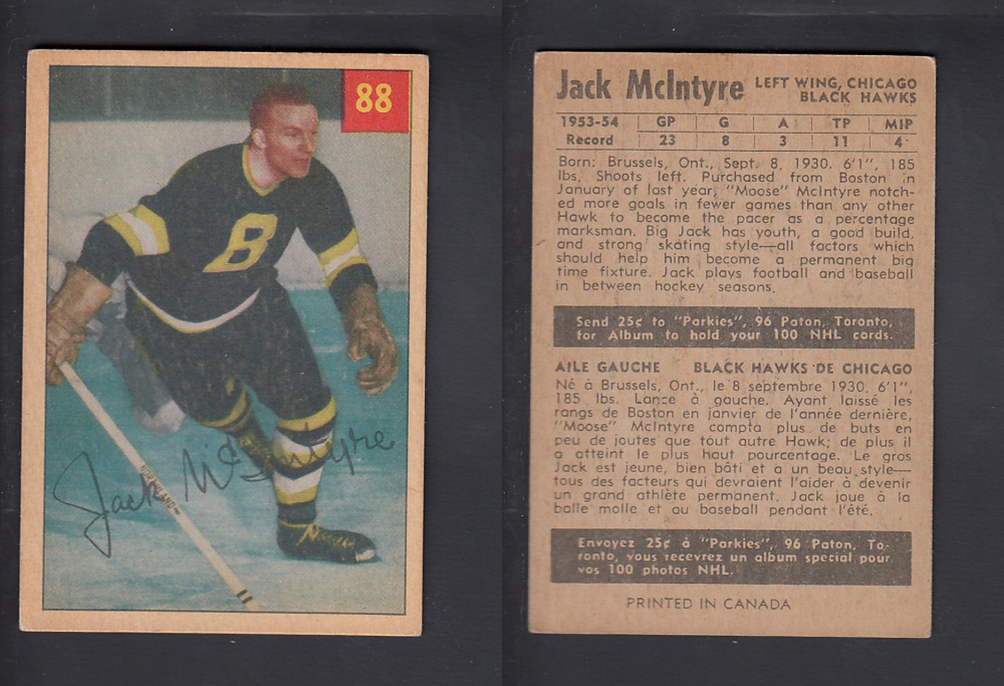 1954-55 PARKHURST HOCKEY CARD #88 J. McINTYRE photo 1954-55 PARKHURST HOCKEY CARD #88 J. McINTYRE photo