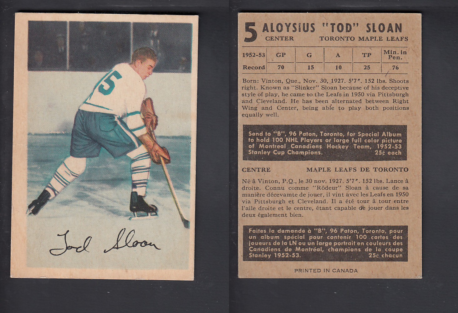 1953-54 PARKHURST HOCKEY CARD #5 A. SLOAN photo 1953-54 PARKHURST HOCKEY CARD #5 A. SLOAN photo