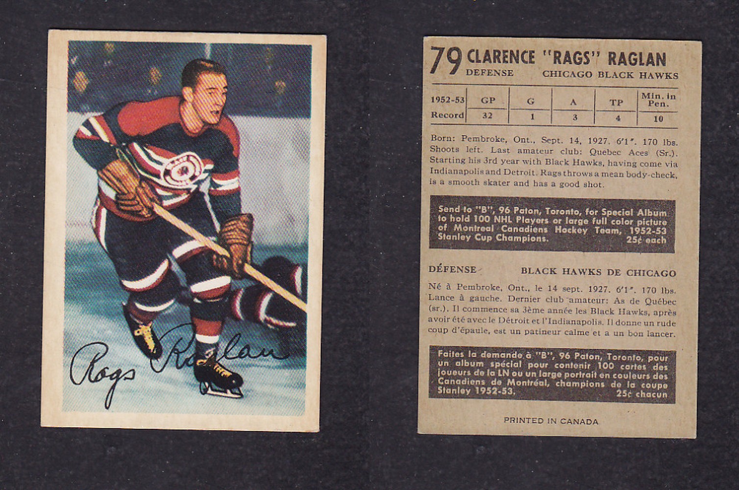 1953-54 PARKHURST HOCKEY CARD #79 C. RAGLAN photo 1953-54 PARKHURST HOCKEY CARD #79 C. RAGLAN photo