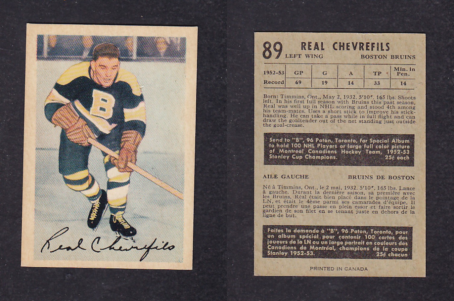 1953-54 PARKHURST HOCKEY CARD #89 R. CHEVREFILS photo 1953-54 PARKHURST HOCKEY CARD #89 R. CHEVREFILS photo