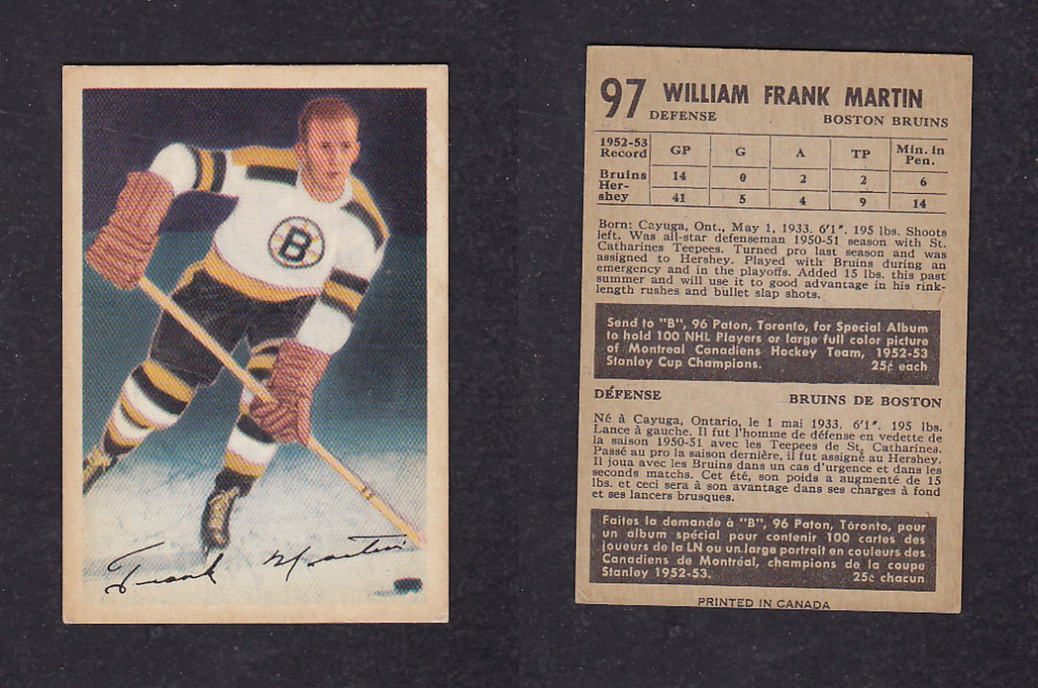 1953-54 PARKHURST HOCKEY CARD #97 W. MARTIN photo 1953-54 PARKHURST HOCKEY CARD #97 W. MARTIN photo