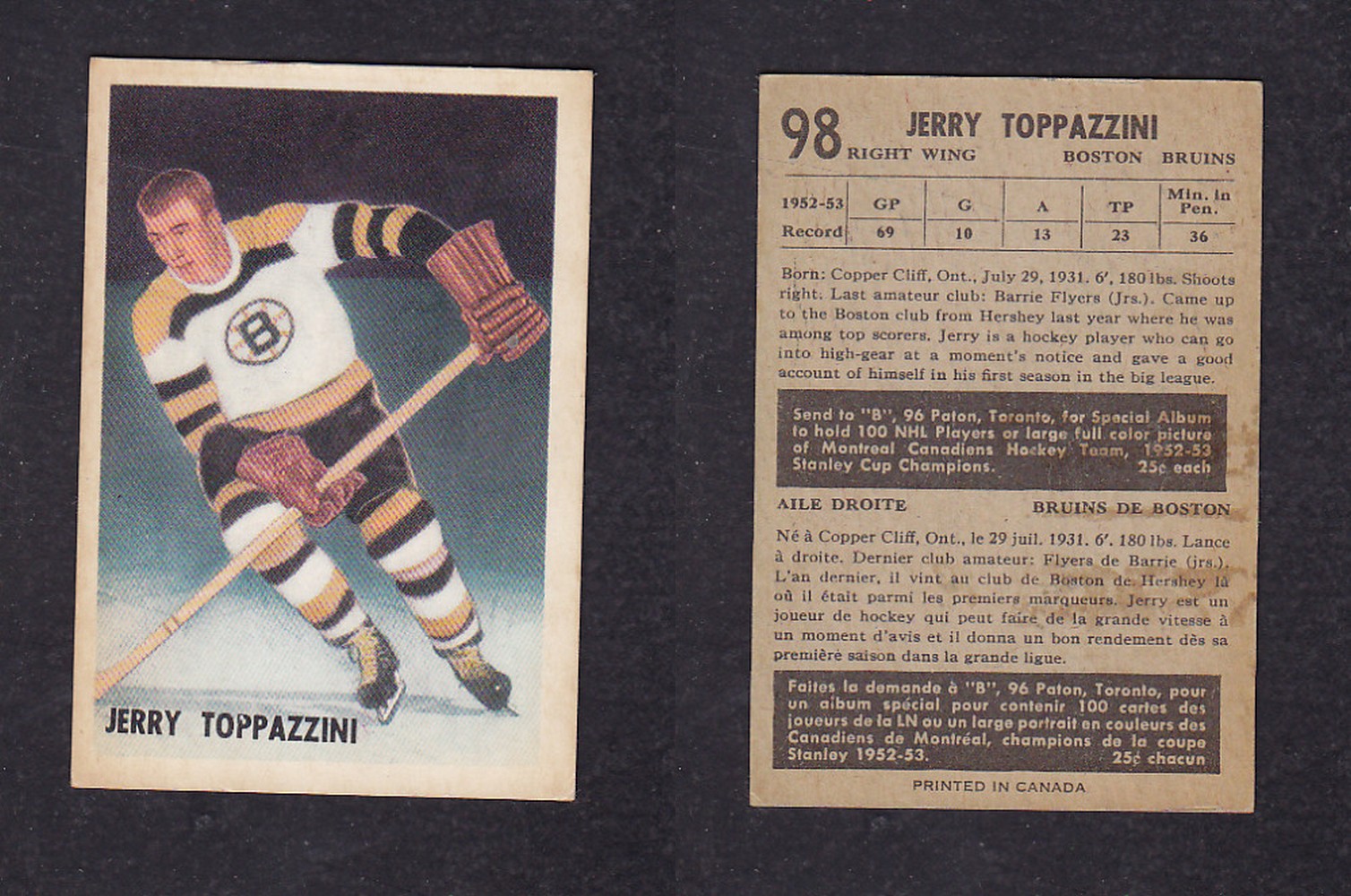 1953-54 PARKHURST HOCKEY CARD #98 J. TOPPAZINI photo