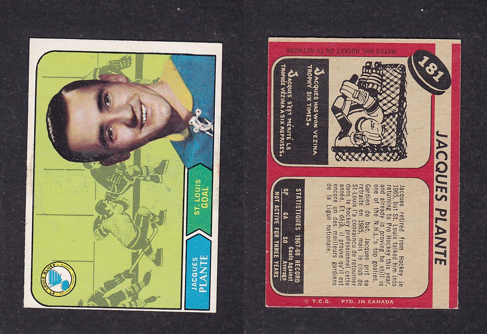 1968-69 O-PEE-CHEE HOCKEY CARD #181 J. PLANTE photo 1968-69 O-PEE-CHEE HOCKEY CARD #181 J. PLANTE photo