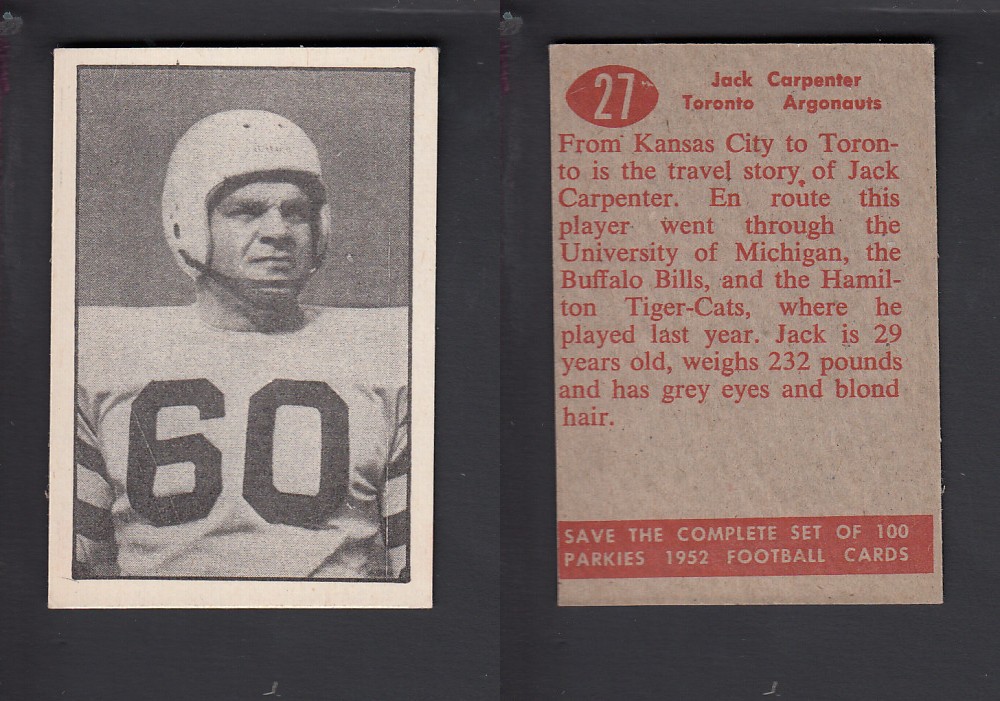 1952 CFL PARKHURST FOOTBALL CARD #27 J. CARPENTER photo 1952 CFL PARKHURST FOOTBALL CARD #27 J. CARPENTER photo