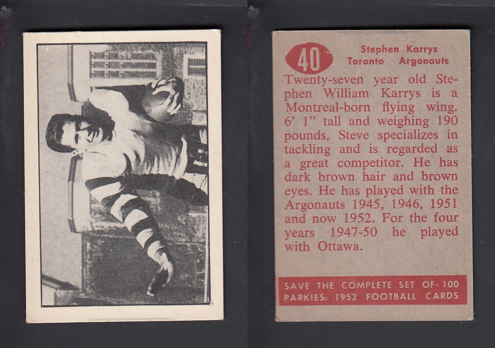 1952 CFL PARKHURST FOOTBALL CARD #40 S. KARRYS photo 1952 CFL PARKHURST FOOTBALL CARD #40 S. KARRYS photo