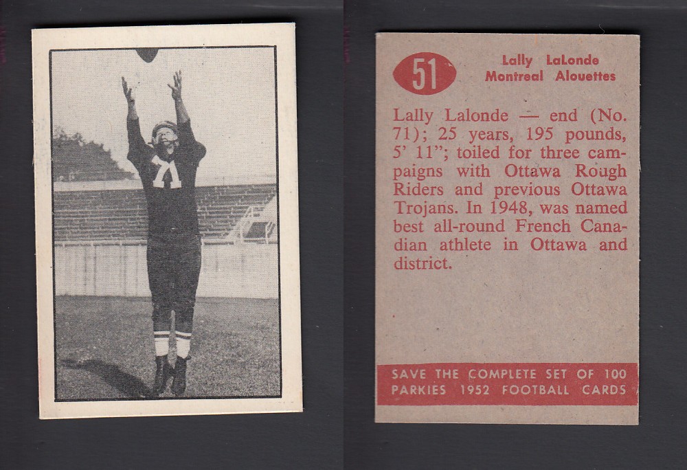 1952 CFL PARKHURST FOOTBALL CARD #51 L. LALONDE photo