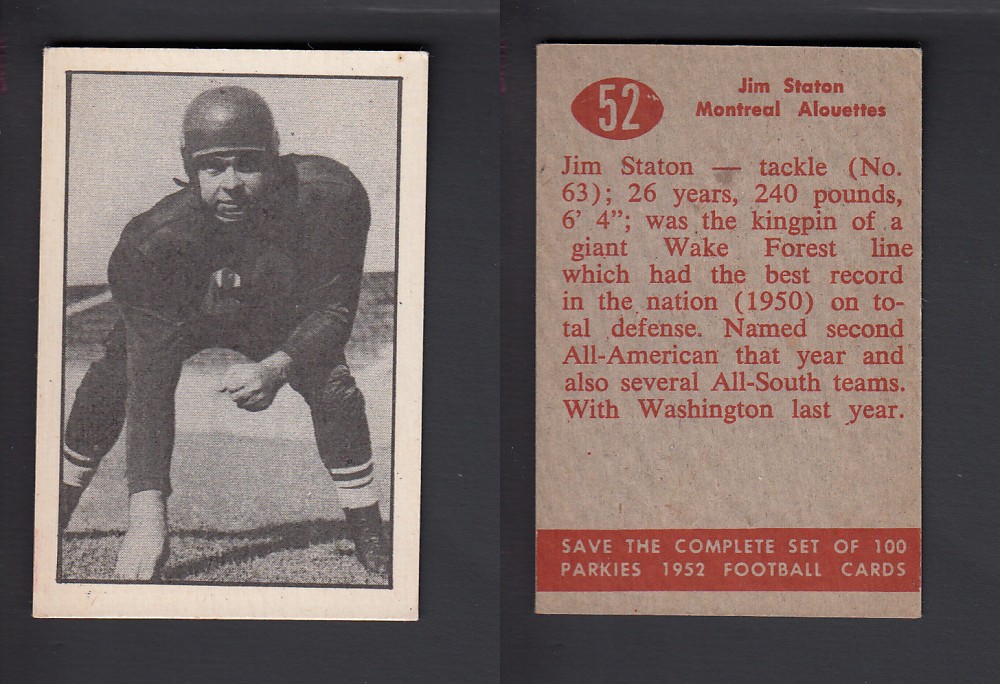 1952 CFL PARKHURST FOOTBALL CARD #52 J. STATON photo