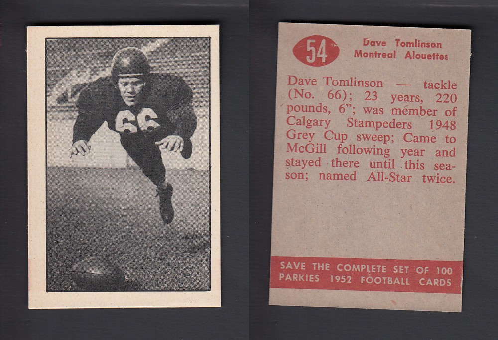1952 CFL PARKHURST FOOTBALL CARD #54 D. TOMLINSON photo 1952 CFL PARKHURST FOOTBALL CARD #54 D. TOMLINSON photo
