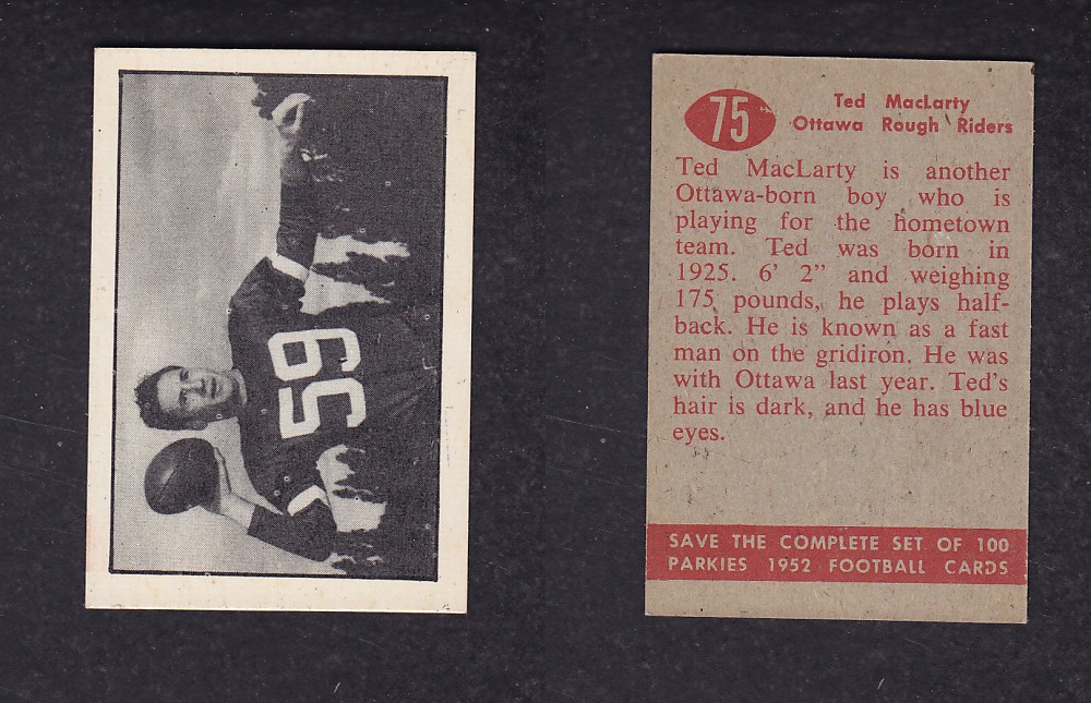 1952 CFL PARKHURST FOOTBALL CARD #75 T. McLARTY photo 1952 CFL PARKHURST FOOTBALL CARD #75 T. McLARTY photo