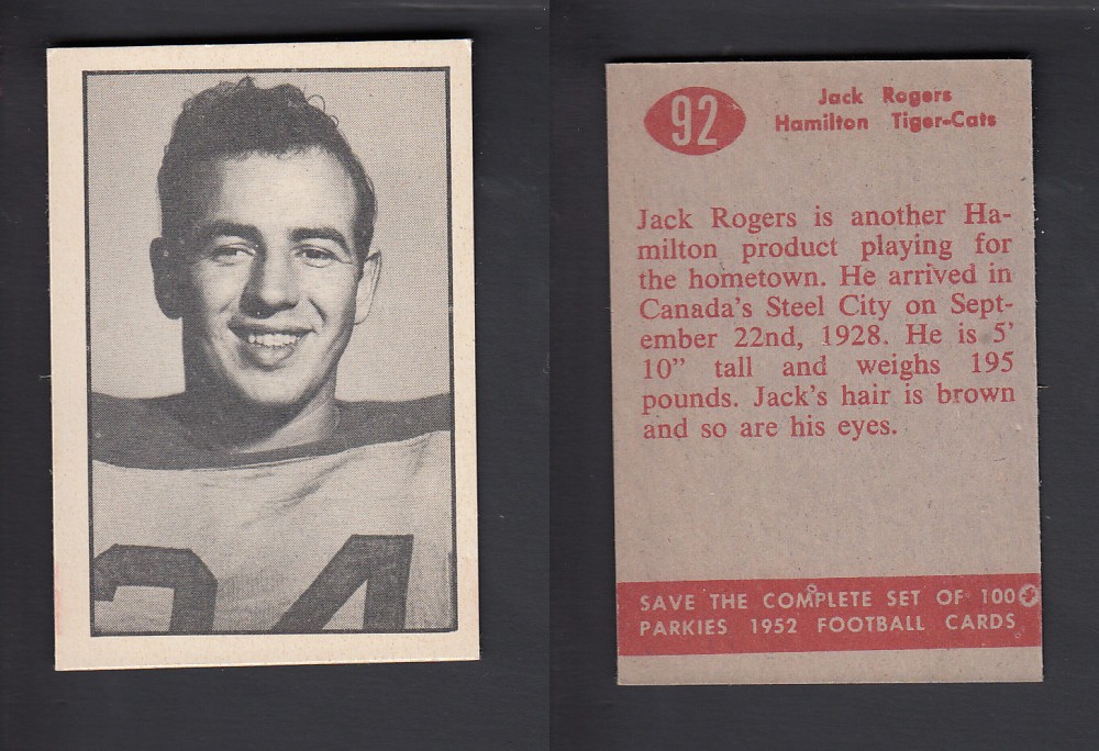 1952 CFL PARKHURST FOOTBALL CARD #92 J. ROGERS photo