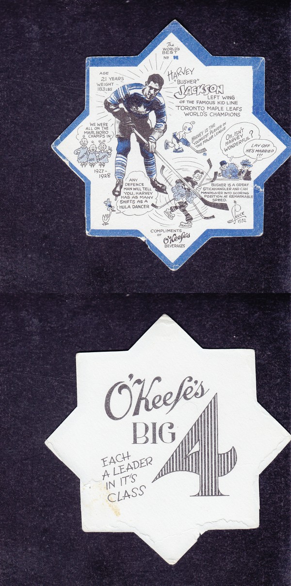 1932-33 TORONTO MAPLE LEAFS O'KEEFE COASTERS #11 H. JACKSON photo 1932-33 TORONTO MAPLE LEAFS O'KEEFE COASTERS #11 H. JACKSON photo
