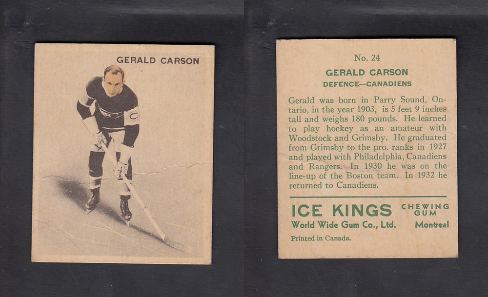 1933-34 ICE KINGS HOCKEY CARD #24 G. CARSON photo 1933-34 ICE KINGS HOCKEY CARD #24 G. CARSON photo