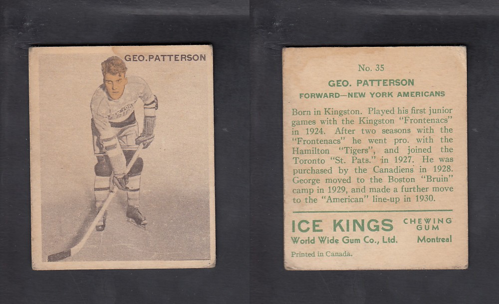 1933-34 ICE KINGS HOCKEY CARD #35 G. PATTERSON photo 1933-34 ICE KINGS HOCKEY CARD #35 G. PATTERSON photo