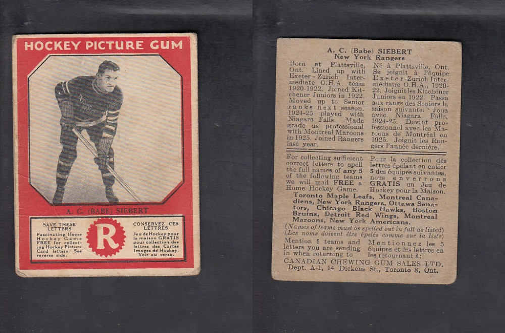 1933-34 CANADIAN CHEWING GUM HOCKEY CARD A.C. SIEBERT photo 1933-34 CANADIAN CHEWING GUM HOCKEY CARD A.C. SIEBERT photo