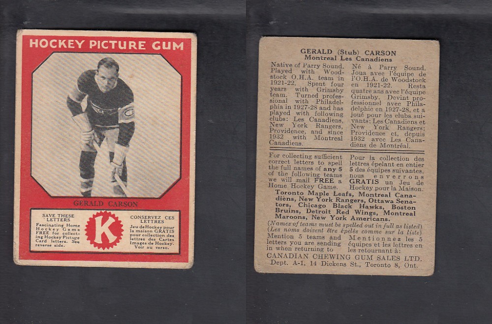 1933-34 CANADIAN CHEWING GUM HOCKEY CARD G. CARSON photo 1933-34 CANADIAN CHEWING GUM HOCKEY CARD G. CARSON photo