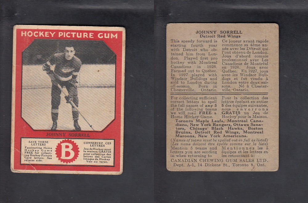 1933-34 CANADIAN CHEWING GUM HOCKEY CARD J. SORRELL photo 1933-34 CANADIAN CHEWING GUM HOCKEY CARD J. SORRELL photo