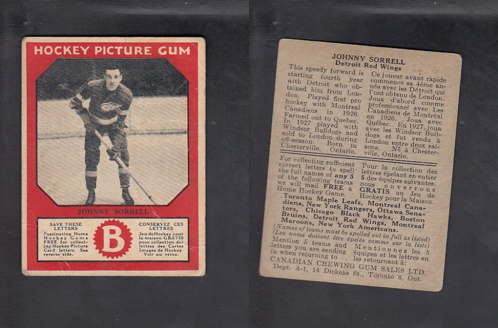 1933-34 CANADIAN CHEWING GUM HOCKEY CARD J. SORRELL photo 1933-34 CANADIAN CHEWING GUM HOCKEY CARD J. SORRELL photo