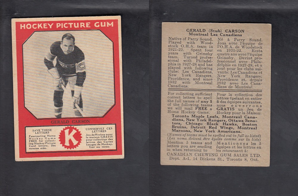 1933-34 CANADIAN CHEWING GUM HOCKEY CARD G. CARSON photo 1933-34 CANADIAN CHEWING GUM HOCKEY CARD G. CARSON photo