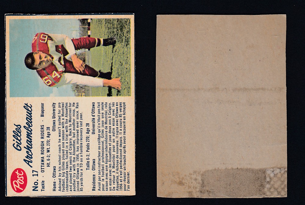 1962 CFL POST FOOTBALL CARD #17 G. ARCHAMBEAULT photo 1962 CFL POST FOOTBALL CARD #17 G. ARCHAMBEAULT photo