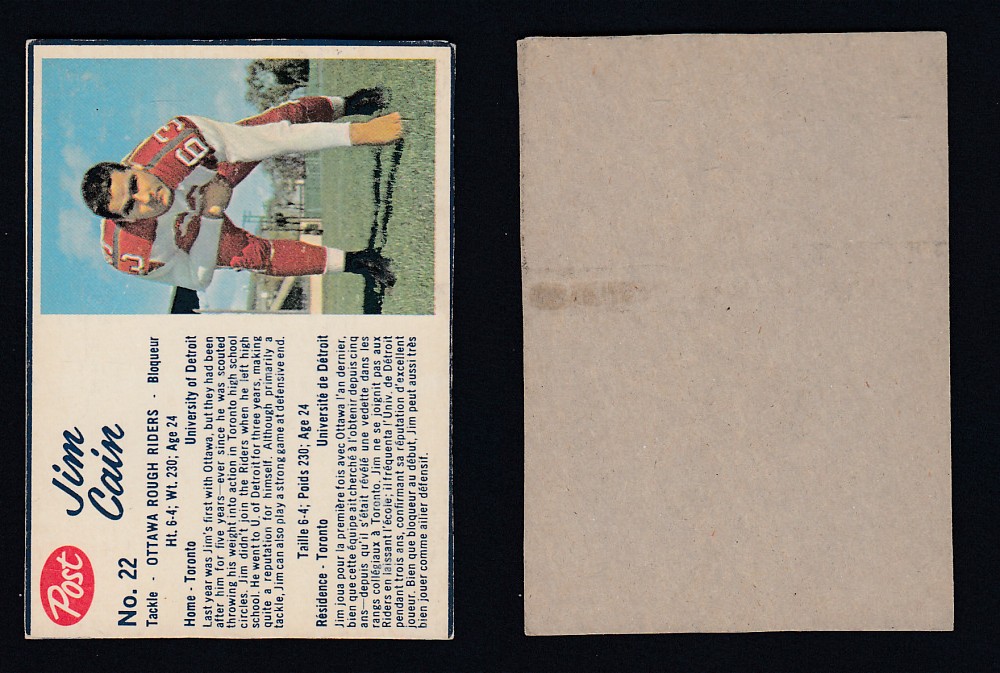 1962 CFL POST FOOTBALL CARD #22 J. CAIN photo 1962 CFL POST FOOTBALL CARD #22 J. CAIN photo