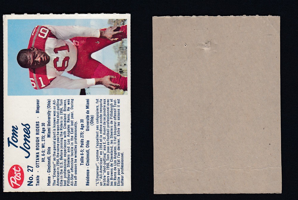 1962 CFL POST FOOTBALL CARD #27 T. JONES photo 1962 CFL POST FOOTBALL CARD #27 T. JONES photo