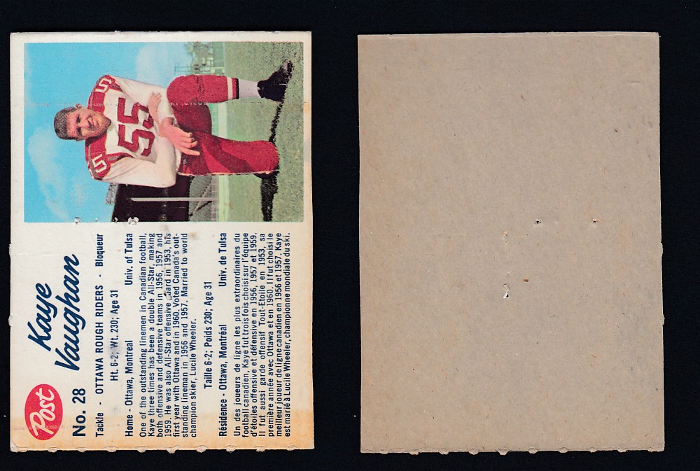 1962 CFL POST FOOTBALL CARD #28 K. VAUGHAN photo 1962 CFL POST FOOTBALL CARD #28 K. VAUGHAN photo