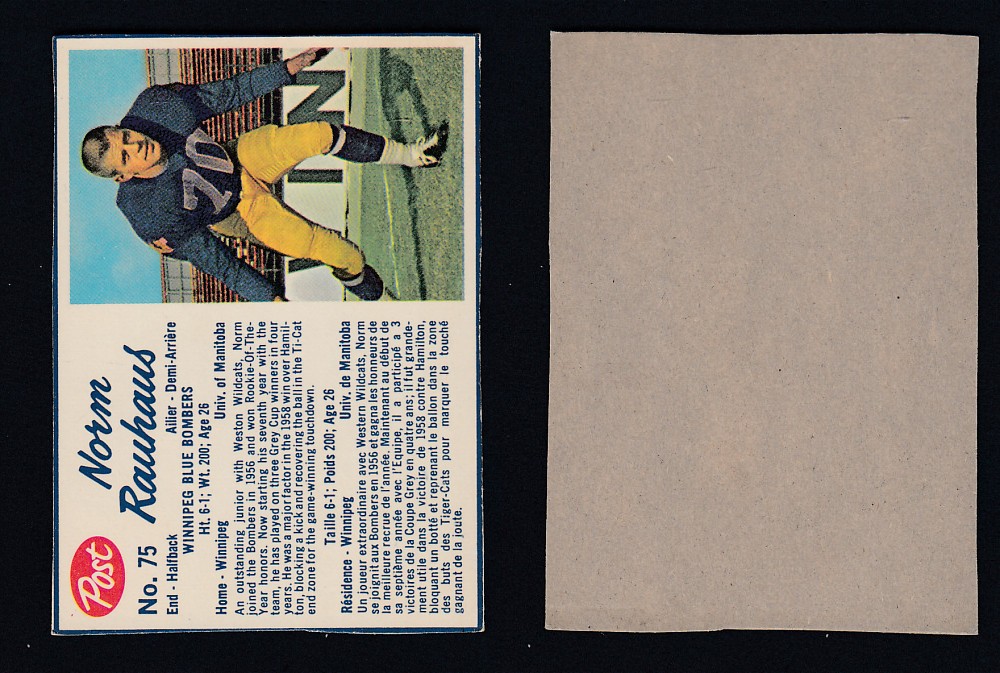 1962 CFL POST FOOTBALL CARD #75 N. RAUHAUS photo 1962 CFL POST FOOTBALL CARD #75 N. RAUHAUS photo