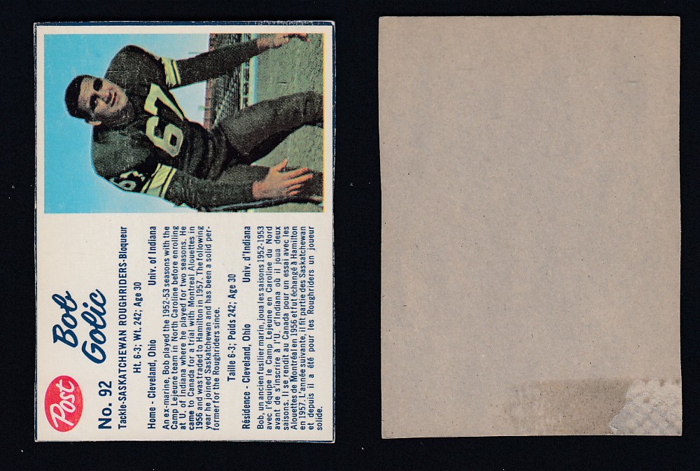 1962 CFL POST FOOTBALL CARD #92 B. GOLIC photo