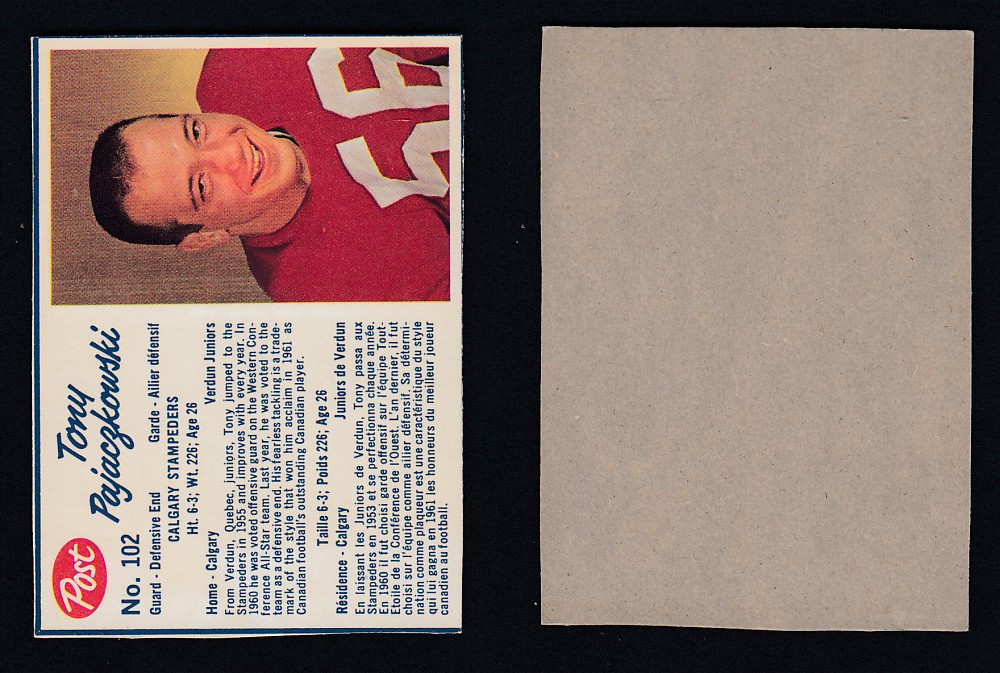 1962 CFL POST FOOTBALL CARD #102 T. PAJACZKOWSKI photo 1962 CFL POST FOOTBALL CARD #102 T. PAJACZKOWSKI photo