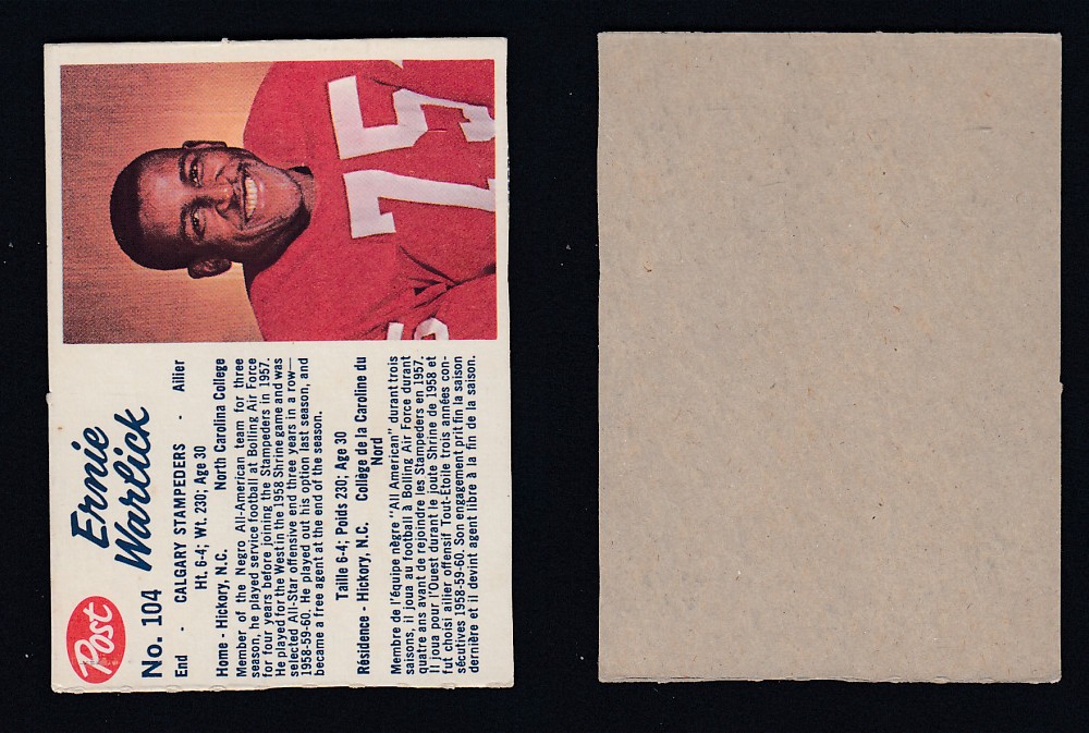 1962 CFL POST FOOTBALL CARD #104 E. WARLICK photo 1962 CFL POST FOOTBALL CARD #104 E. WARLICK photo