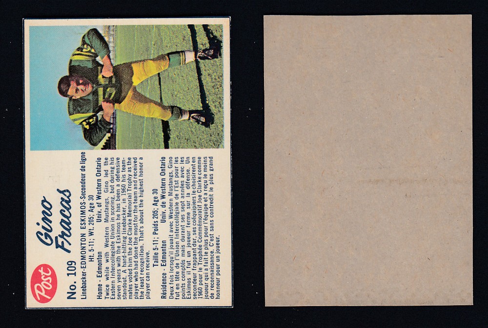 1962 CFL POST FOOTBALL CARD #109 G. FRACAS photo 1962 CFL POST FOOTBALL CARD #109 G. FRACAS photo