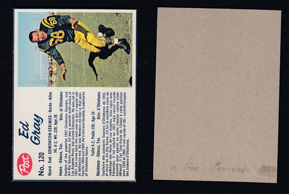 1962 CFL POST FOOTBALL CARD #120 E. GRAY photo 1962 CFL POST FOOTBALL CARD #120 E. GRAY photo