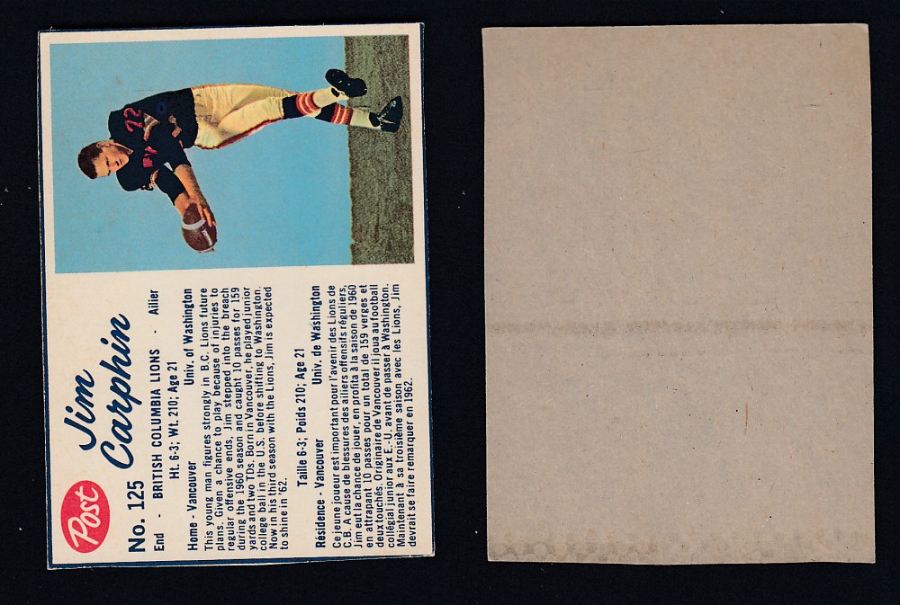1962 CFL POST FOOTBALL CARD #125 J. CARPHIN photo 1962 CFL POST FOOTBALL CARD #125 J. CARPHIN photo