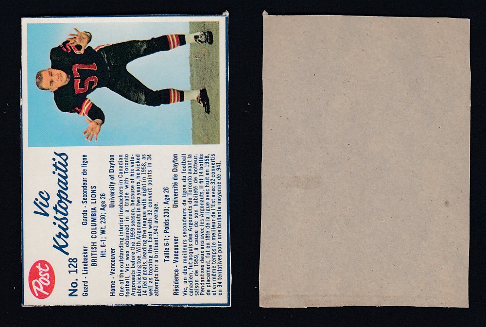 1962 CFL POST FOOTBALL CARD #128 V. KRISTOPAITIS photo