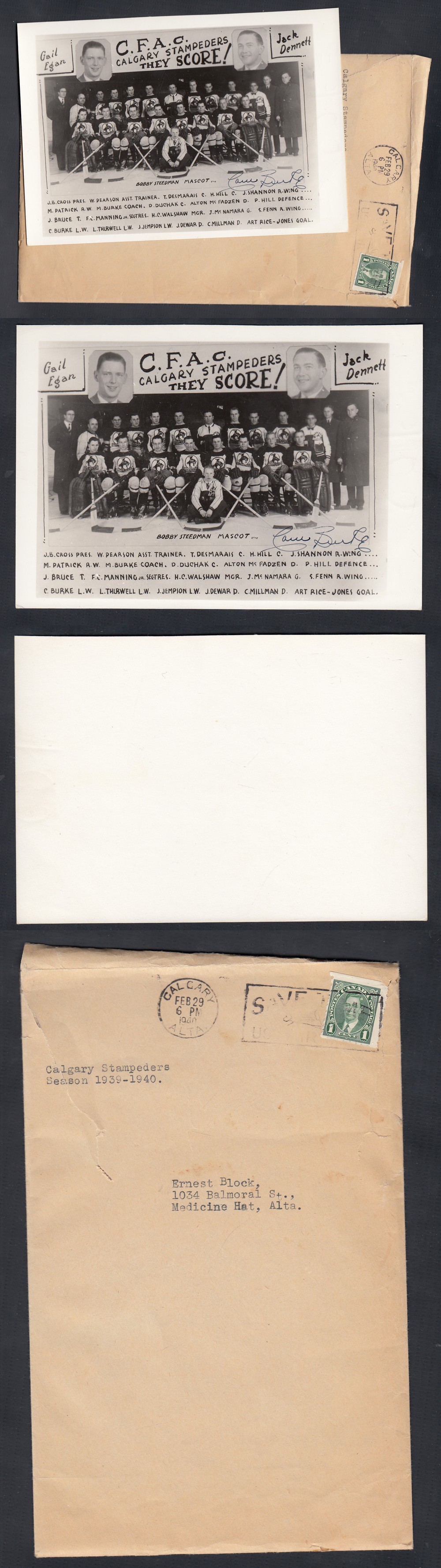 1939-40 CALGARY STAMPEDERS TEAM PHOTO & ENVELOPE photo 1939-40 CALGARY STAMPEDERS TEAM PHOTO & ENVELOPE photo