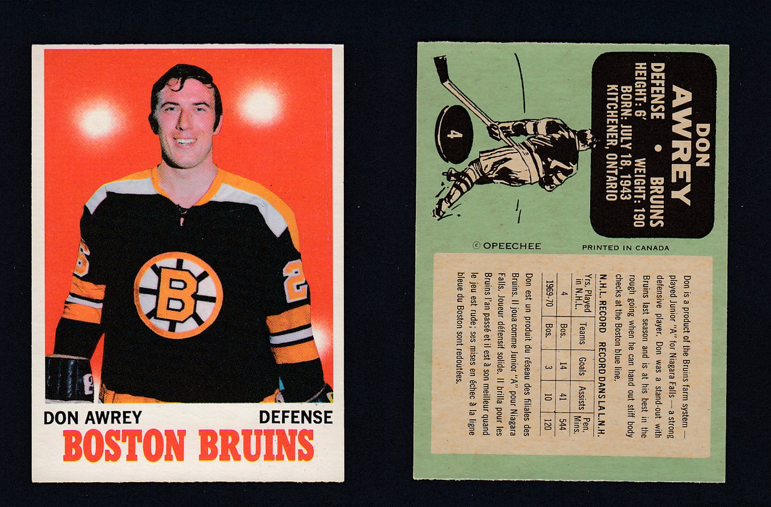 1970-71 O-PEE-CHEE HOCKEY CARD #4 D. AWREY photo 1970-71 O-PEE-CHEE HOCKEY CARD #4 D. AWREY photo