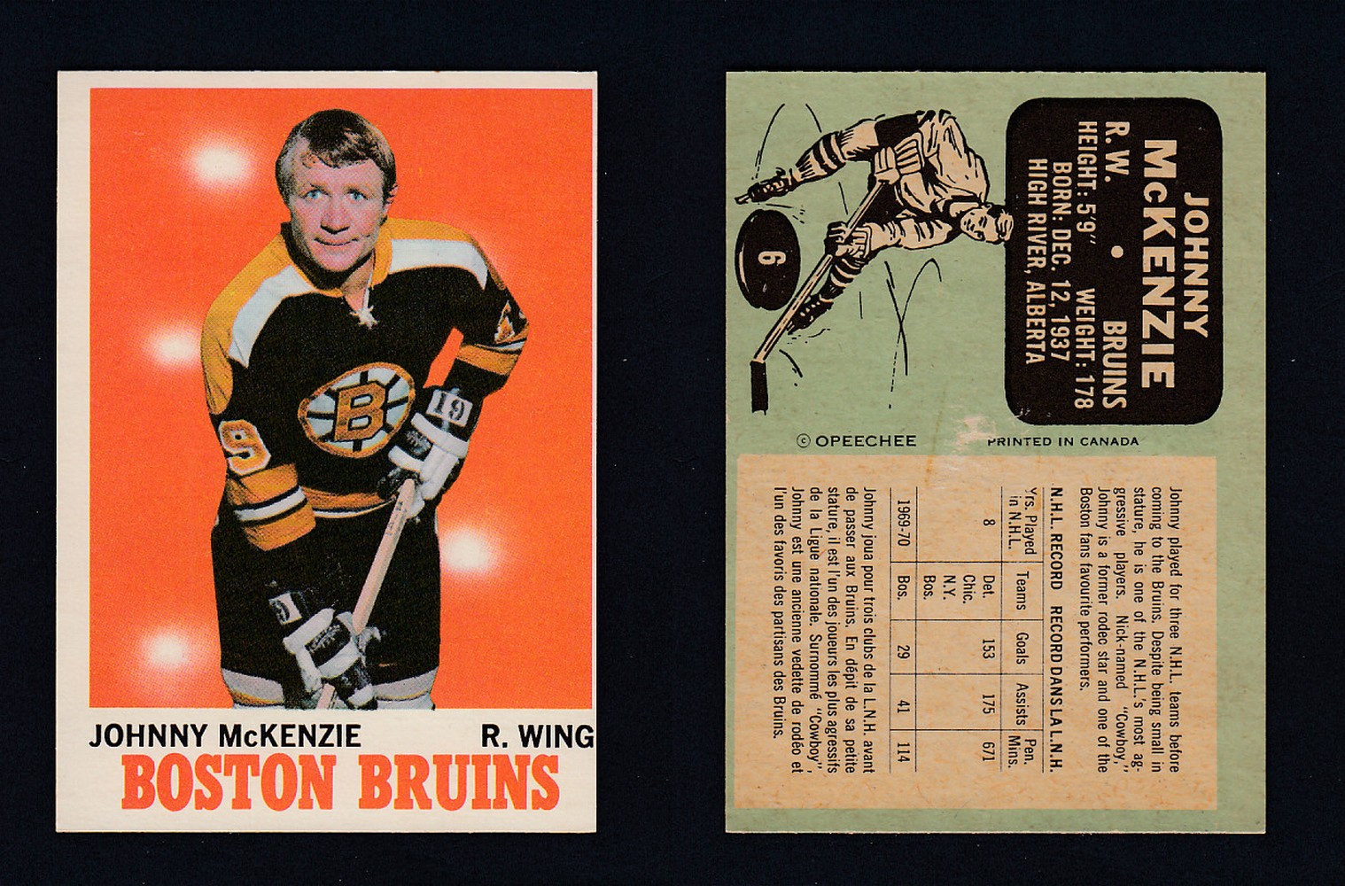 1970-71 O-PEE-CHEE HOCKEY CARD #6 J. MCKENZIE photo 1970-71 O-PEE-CHEE HOCKEY CARD #6 J. MCKENZIE photo