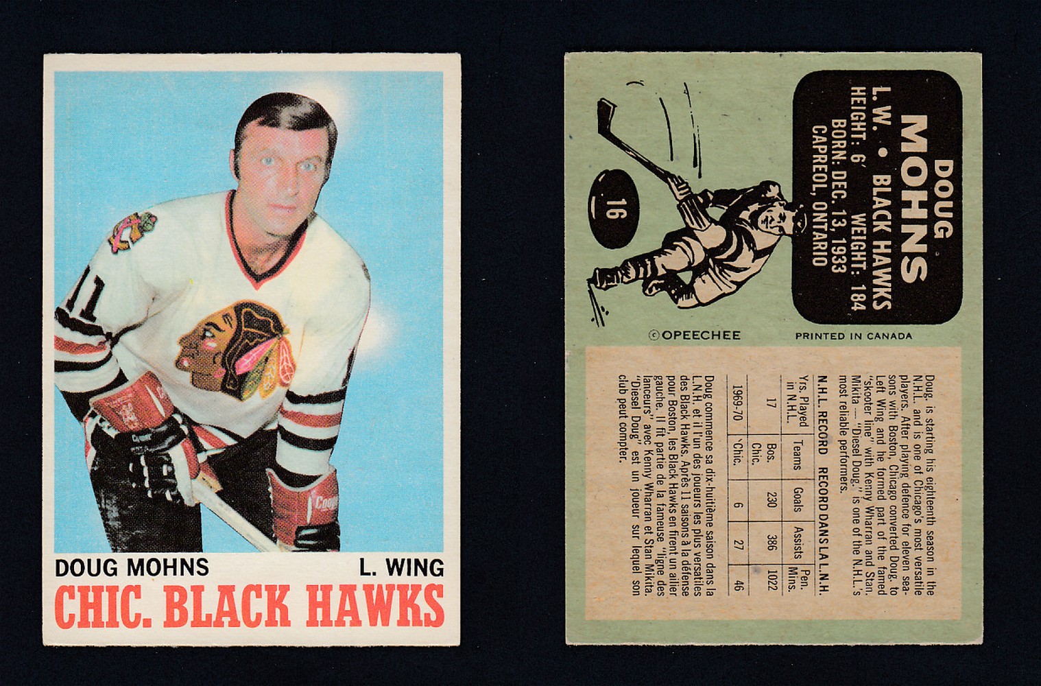 1970-71 O-PEE-CHEE HOCKEY CARD #16 D. MOHNS photo 1970-71 O-PEE-CHEE HOCKEY CARD #16 D. MOHNS photo