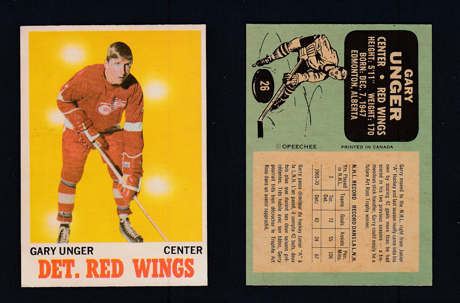 1970-71 O-PEE-CHEE HOCKEY CARD #26 G. UNGER photo 1970-71 O-PEE-CHEE HOCKEY CARD #26 G. UNGER photo