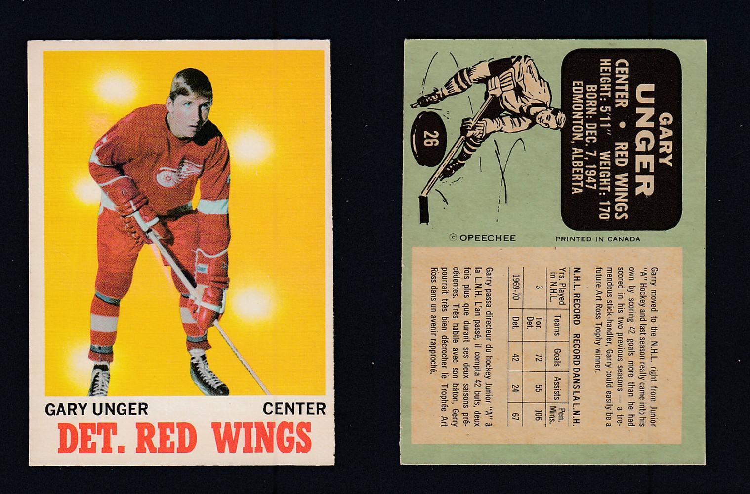 1970-71 O-PEE-CHEE HOCKEY CARD #26 G. UNGER photo 1970-71 O-PEE-CHEE HOCKEY CARD #26 G. UNGER photo