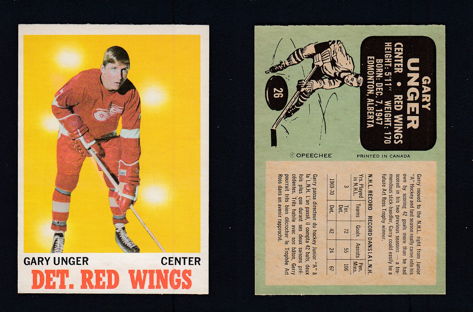 1970-71 O-PEE-CHEE HOCKEY CARD #26 G. UNGER photo 1970-71 O-PEE-CHEE HOCKEY CARD #26 G. UNGER photo