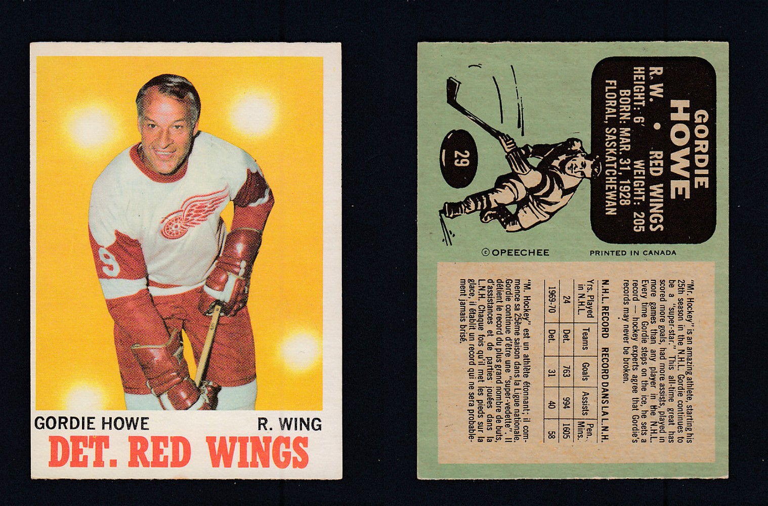 1970-71 O-PEE-CHEE HOCKEY CARD #29 G.HOWE photo 1970-71 O-PEE-CHEE HOCKEY CARD #29 G.HOWE photo