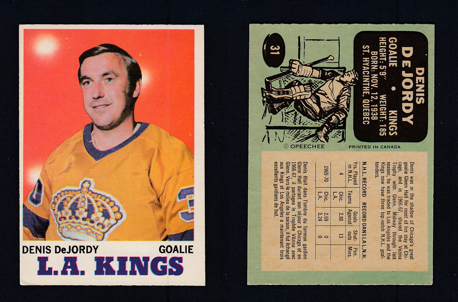 1970-71 O-PEE-CHEE HOCKEY CARD #31 D. DEJORDY photo 1970-71 O-PEE-CHEE HOCKEY CARD #31 D. DEJORDY photo