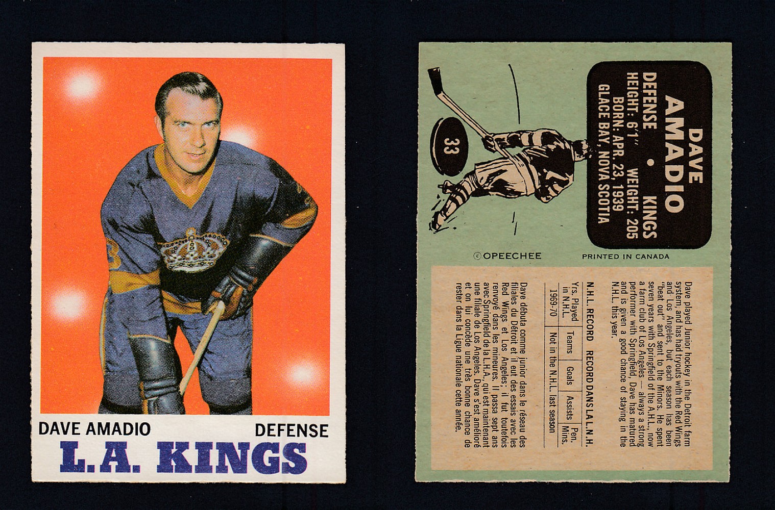 1970-71 O-PEE-CHEE HOCKEY CARD #33 D. AMADIO photo 1970-71 O-PEE-CHEE HOCKEY CARD #33 D. AMADIO photo