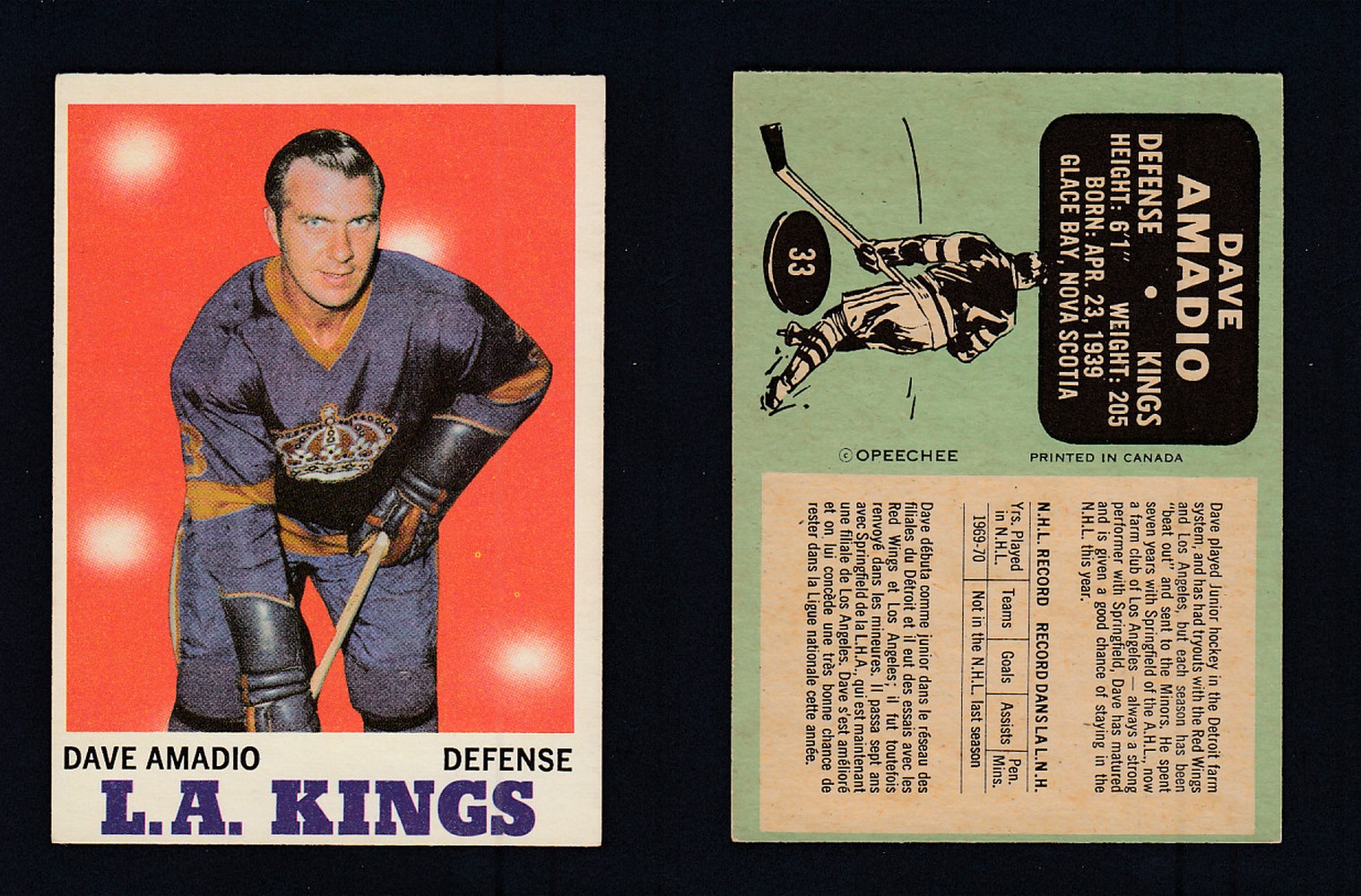 1970-71 O-PEE-CHEE HOCKEY CARD #33 D. AMADIO photo 1970-71 O-PEE-CHEE HOCKEY CARD #33 D. AMADIO photo