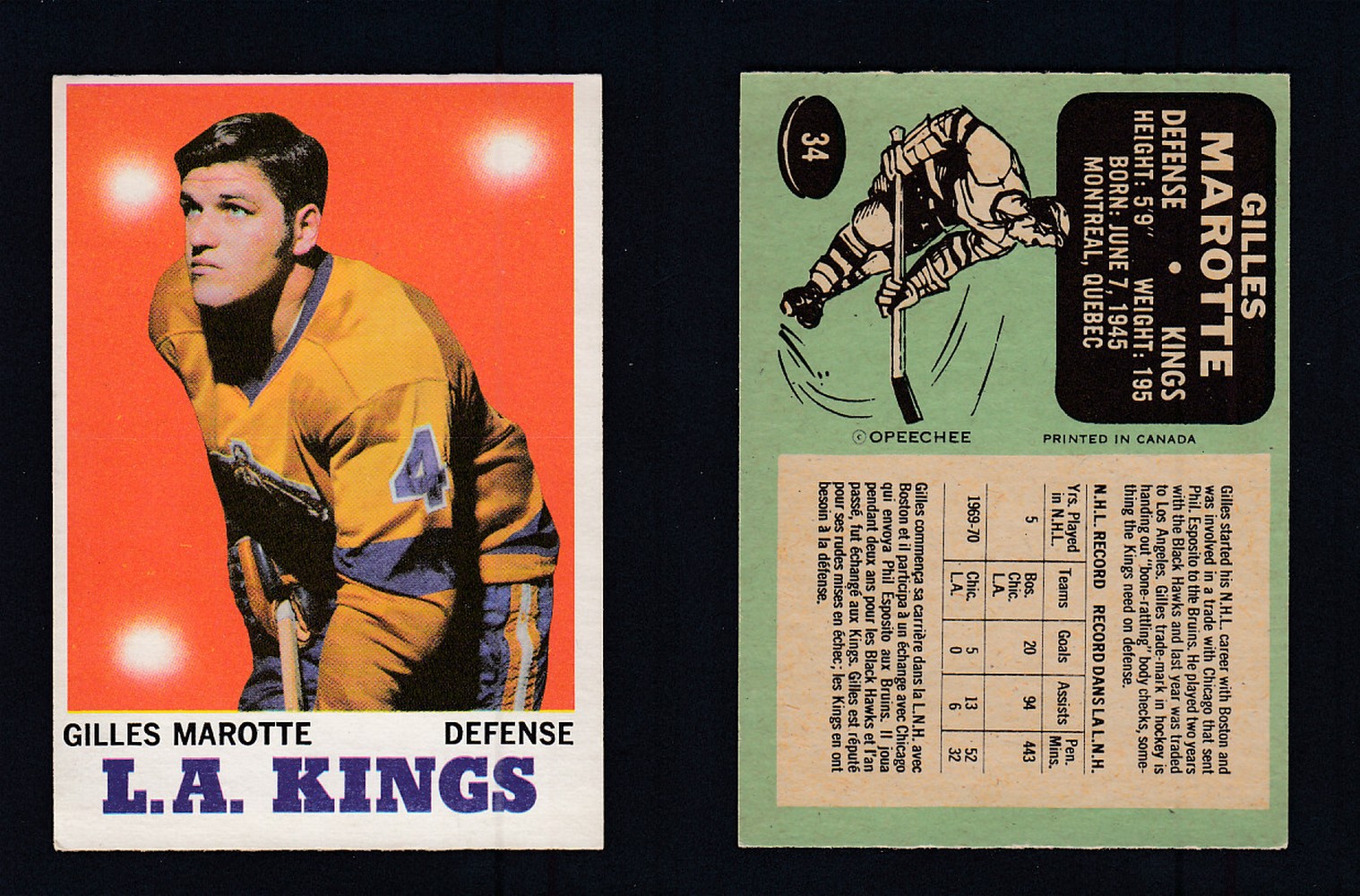 1970-71 O-PEE-CHEE HOCKEY CARD #34 G. MAROTTE photo 1970-71 O-PEE-CHEE HOCKEY CARD #34 G. MAROTTE photo
