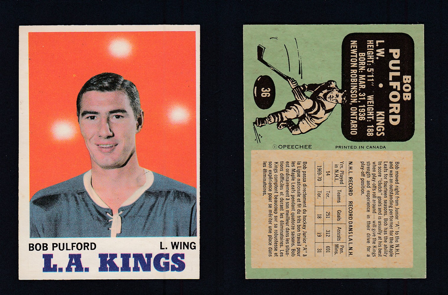 1970-71 O-PEE-CHEE HOCKEY CARD #36 B. PULFORD photo 1970-71 O-PEE-CHEE HOCKEY CARD #36 B. PULFORD photo