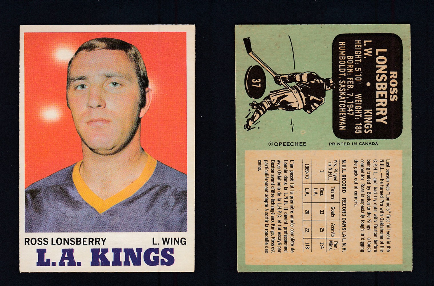 1970-71 O-PEE-CHEE HOCKEY CARD #37 R. LONSBERRY photo 1970-71 O-PEE-CHEE HOCKEY CARD #37 R. LONSBERRY photo