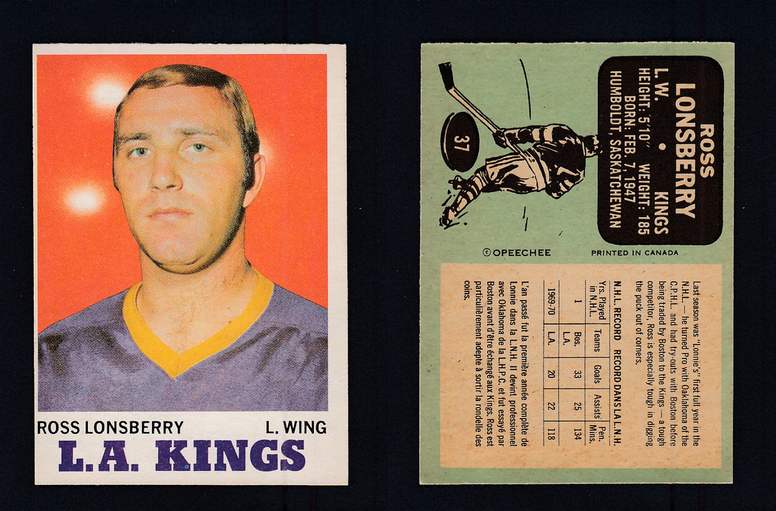 1970-71 O-PEE-CHEE HOCKEY CARD #37 R. LONSBERRY photo 1970-71 O-PEE-CHEE HOCKEY CARD #37 R. LONSBERRY photo