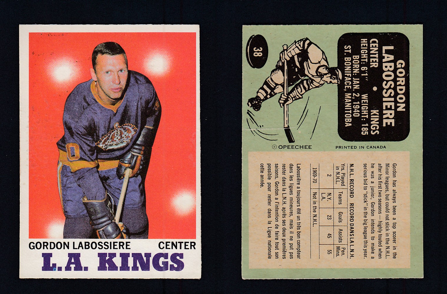 1970-71 O-PEE-CHEE HOCKEY CARD #38 G. LABOSSIERE photo 1970-71 O-PEE-CHEE HOCKEY CARD #38 G. LABOSSIERE photo